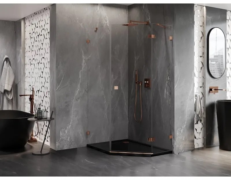 Mexen Lunar, pravý výklopný päťuholníkový sprchový kút 80 x 90 cm, 8mm číre sklo, profil ružové zlato, 831-080P-090L-60-00-P