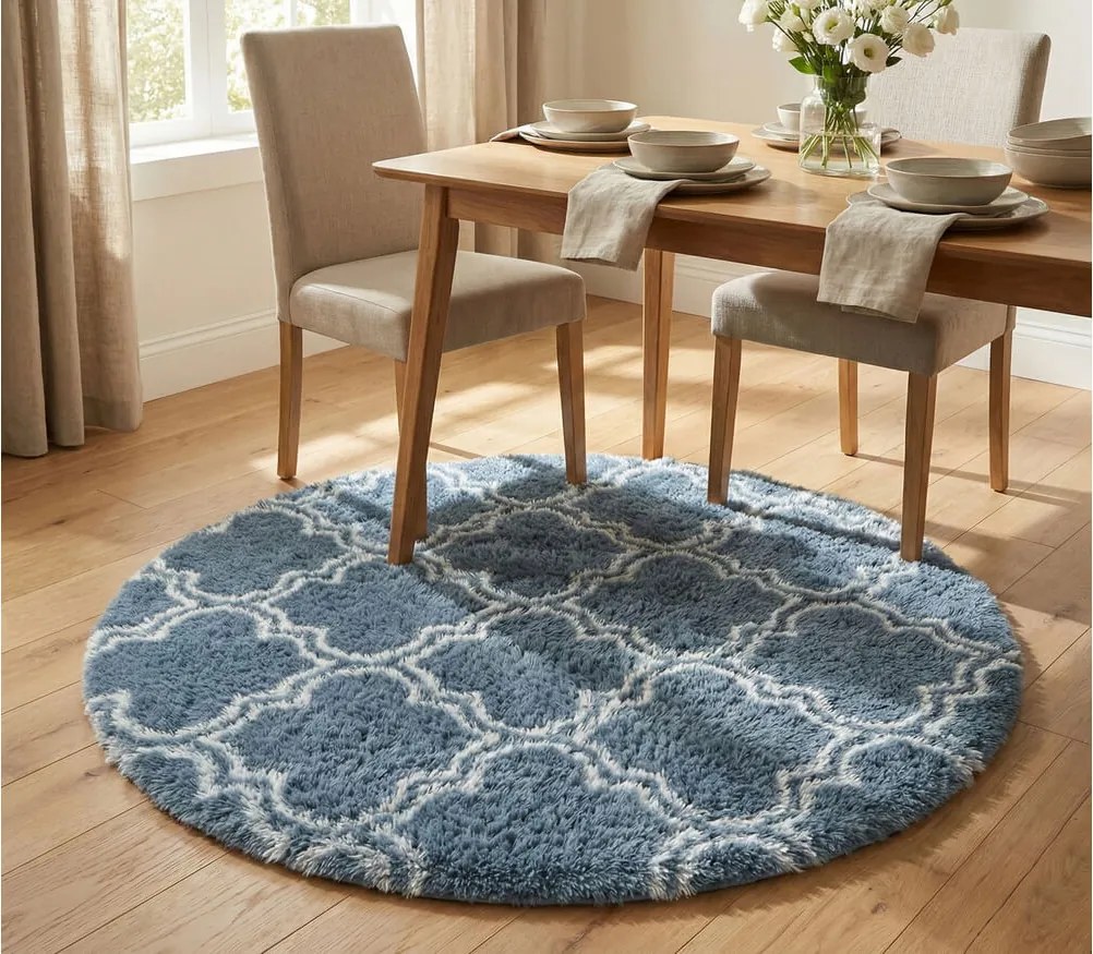 TZ Sivo-modrý okrúhly vzorovaný koberec shaggy Decor Latern Rozmer: 140 cm