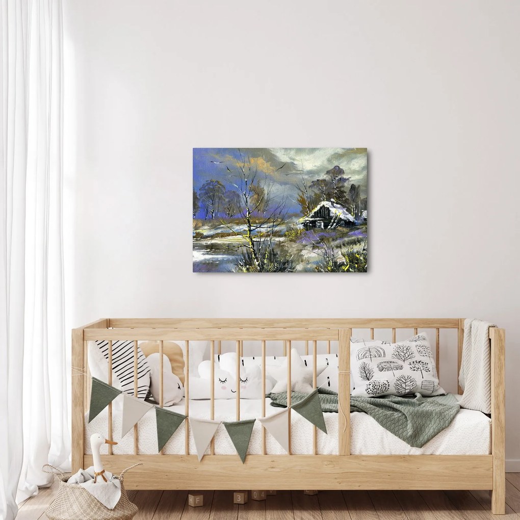 Obraz chalúpky v zimnej krajine, olejomaľba (70x50 cm)