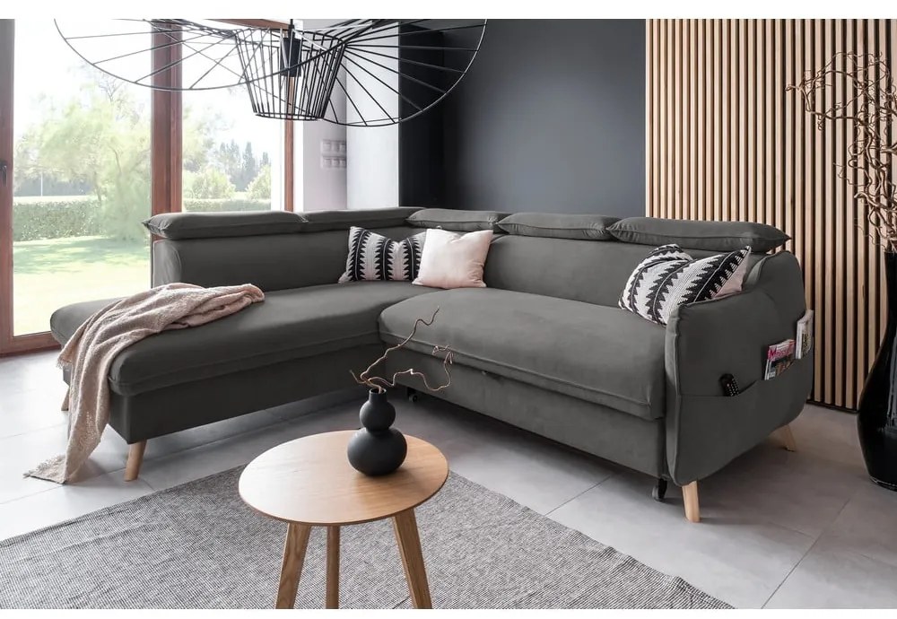 Tmavosivá zamatová rozkladacia rohová pohovka (ľavý roh) Sweet Harmony – Miuform