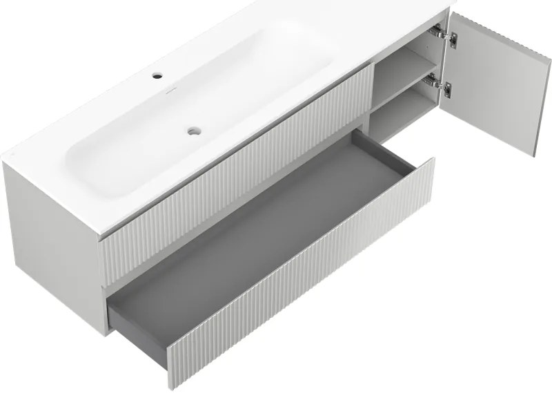 Mexen Rivel, kúpeľňová skrinka 160 cm s umývadlom Vela vľavo, 2S, 1D, drážkovaná, sivá matná/biela matná - 91A23-16047-3-BBFFF62-W23L01