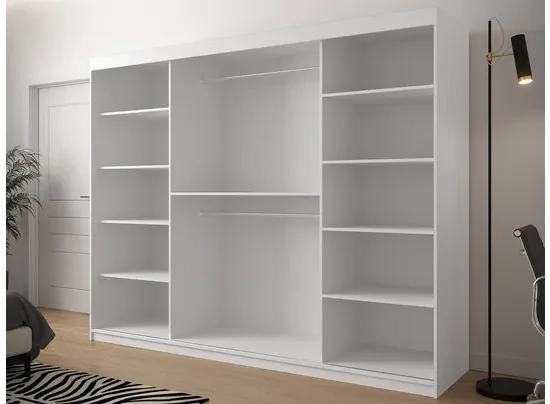 Posuvná skriňa so zrkadlom Ratintu 250 cm, zásuvka: áno, Farby: biela / biela + čierny mat