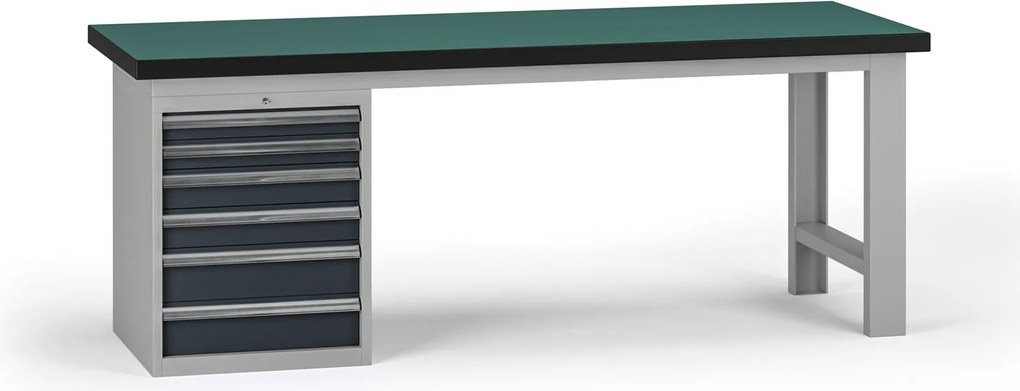 Pracovný stôl do dielne G8, 2100 x 750 x 800 mm, 1x kontejner, 6 zásuviek, grafit