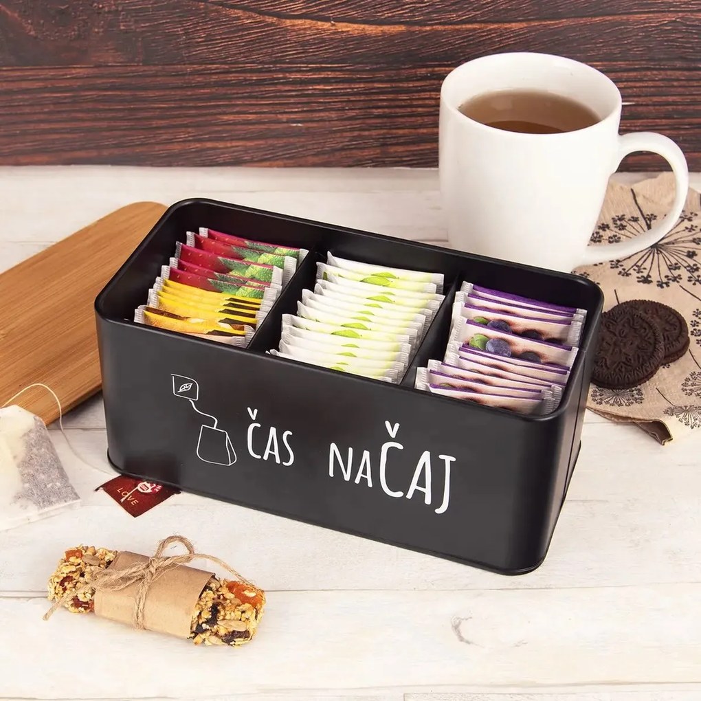 Orion Dóza na čaj, plechová s bambusovým vekom, čierna – ČAS NA ČAJ