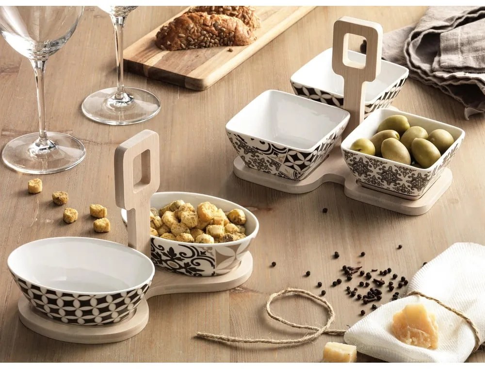 Set 3 porcelánových misek s bambusovým podnosom Brandani Alhambra