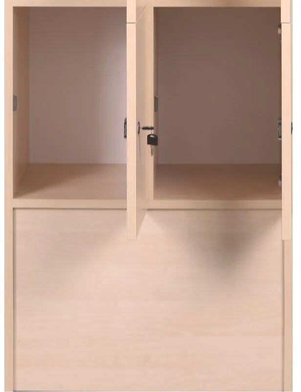 Drevená odkladacia skrinka S5 s úložnými boxami, 6 boxov, 1700 x 600 x 420 mm, cylindrický zámok, breza