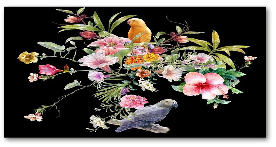 Foto obraz akrylový Kvety a vtáky pl-oa-140x70-f-172830209