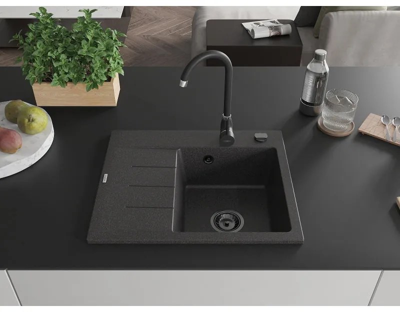 Mexen Ben, 1-komorový granitový drez 600x500x190 mm, pravý + čierny sifón, čierna škvrnitá, 6523605000-76-B