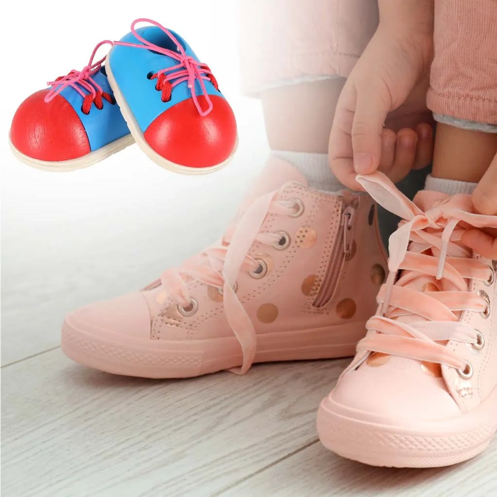 KIK Drevená vzdelávacia sada na učenie zaväzovania šnúrok pre deti (2 topánky)