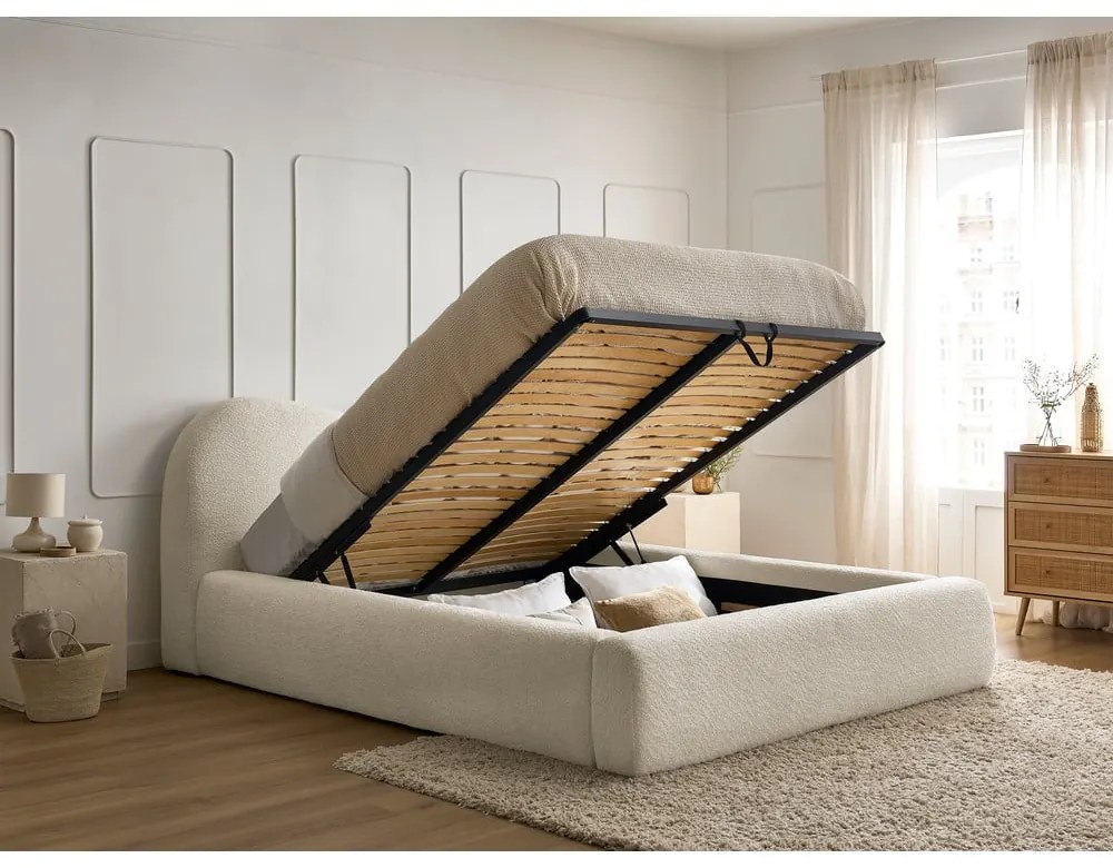 Béžová čalúnená dvojlôžková posteľ s úložným priestorom s roštom 140x190 cm Orlane – Bobochic Paris