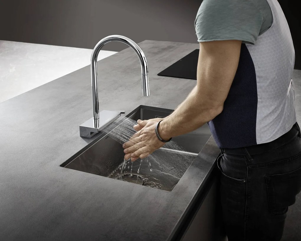 Hansgrohe M81, drezová batéria Aquno Select s výsuvnou koncovkou a plochým sprchovým prúdom, chrómová, HAN-73837000