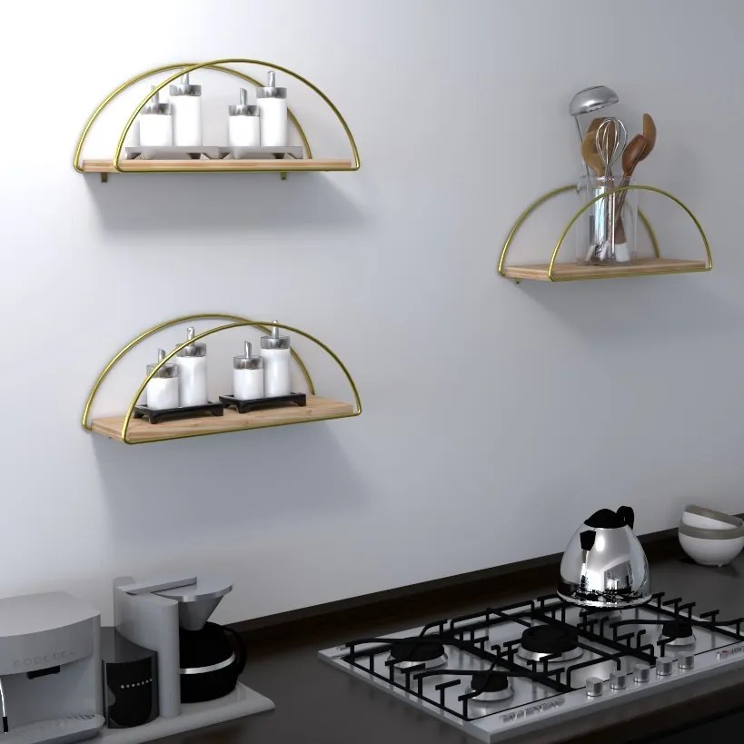 Nástenná polica Rafi I smrekovec/zlatá