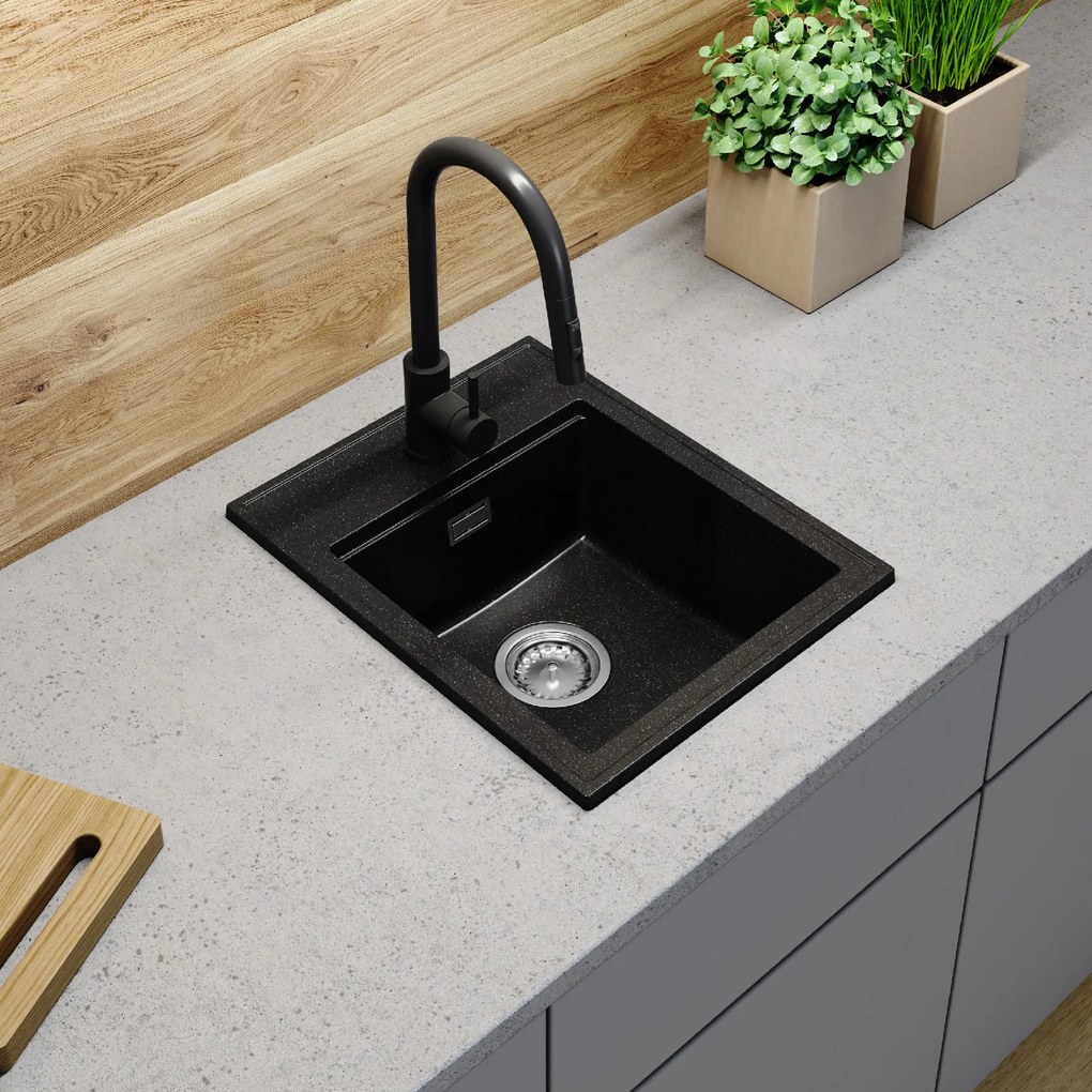 Sink Quality Ferrum New 4050, 1-komorový granitový drez 400x500x185 mm + chrómový sifón, čierna škvrnitá, SKQ-FER.4050.BP.X