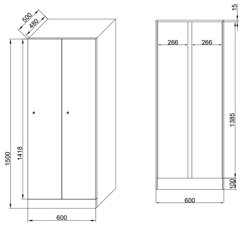 Šatníková skrinka znížená, 2 oddiely, 1500 x 600 x 500 mm, zámok s čítačkou RFID kariet, modré dvere