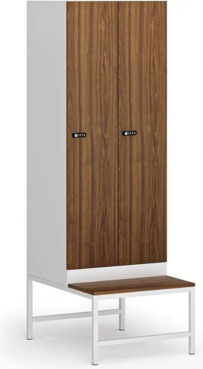 Šatníková skrinka S1 s lavičkou, 2 oddiely, 1875 x 600 x 500/800 mm, demont, mechanický kódový zámok, laminované dvere, orech