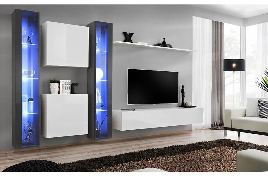 Obývacia stena Switch XVI Sklo +LED Grafit/Biely