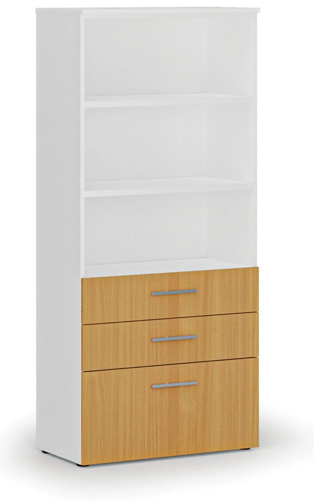 Kancelárska skriňa s kombinovanými zásuvkami PRIMO WHITE, 800 x 420 x 1781 mm, biela/buk
