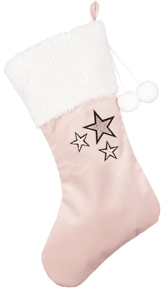 Vánoční punčocha pudrově růžová se stříbrnými hvězdami 42x26cm