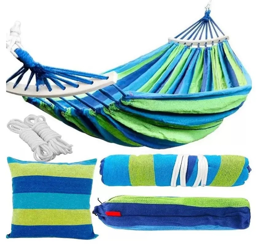 Modro-zelená hojdacia sieť s vankúšom HAMAK pre 2 osoby 260x150 cm