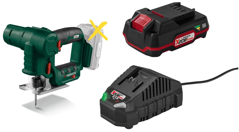 Parkside® Aku priamočiara a chvostová píla Psssa 20-Li B2 + Akumulátor 20 V/2 Ah PAP 20 B1 + Nabíjačka 20 V/2,4 A PLG 20 C1 (800010887)