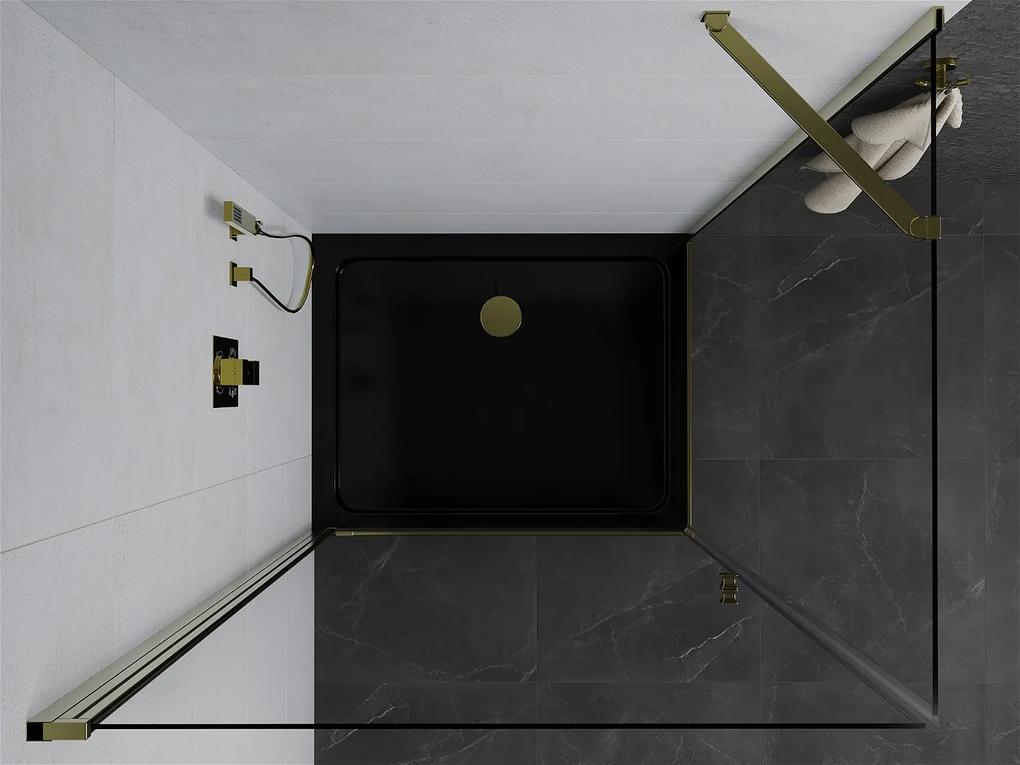 Mexen Pretoria, sprchovací kút 90 (dvere) x 70 (stena) cm, 6mm číre sklo, zlatý profil + čierna sprchová vanička, 852-090-070-50-00-4070G