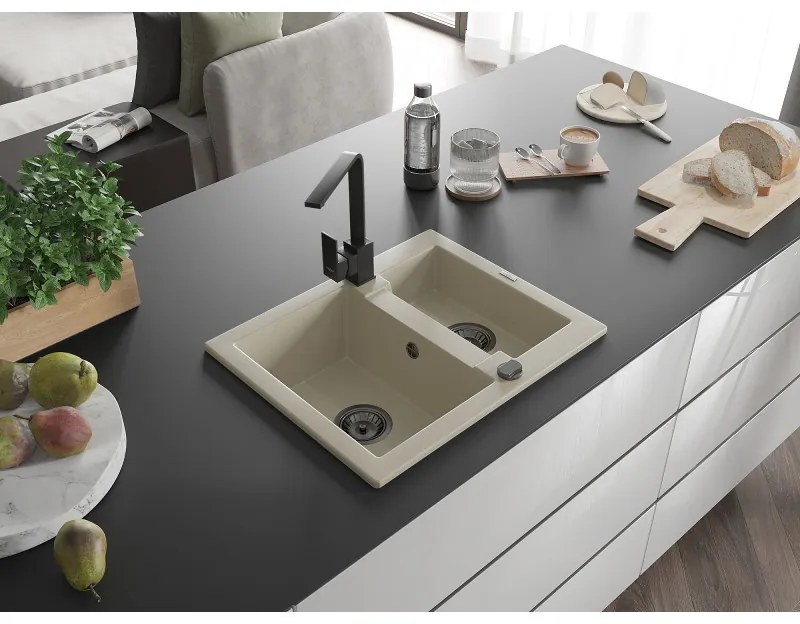 Mexen Carlos, 1,5-komorový granitový drez s odkvapkávačom 582x475x177 mm a čierna kuchynská batéria Rita, béžová, 6518-69-670300-70