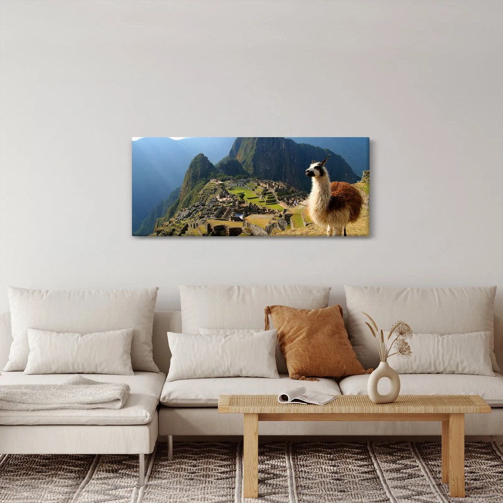 Obraz - Lama a Machu Picchu (120x50 cm)