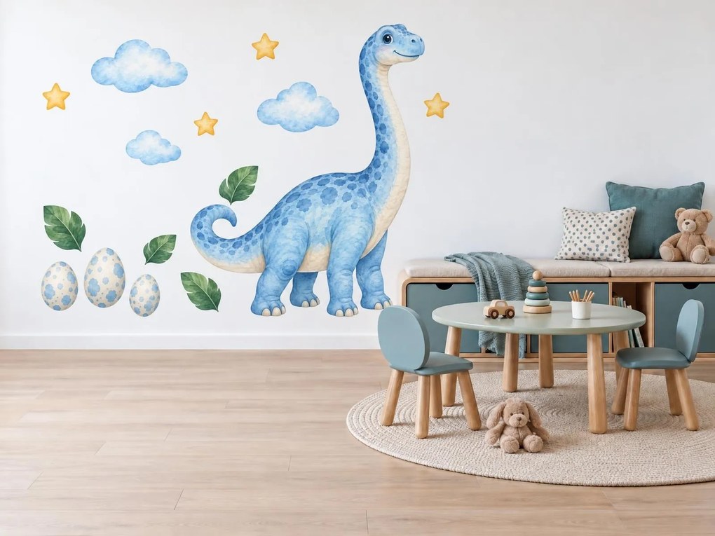 Modrý dlhokrký dinosaurus modré akvarelové nálepky pre chlapcov na stenu arch 30 x 46 cm