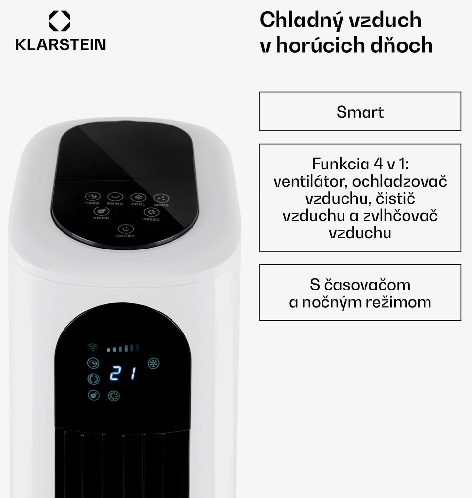Klarstein Polar Tower Smart, ochladzovač vzduchu, ventilátor, 85 W, 7 l, diaľkový ovládač, 5 x chladiaci box