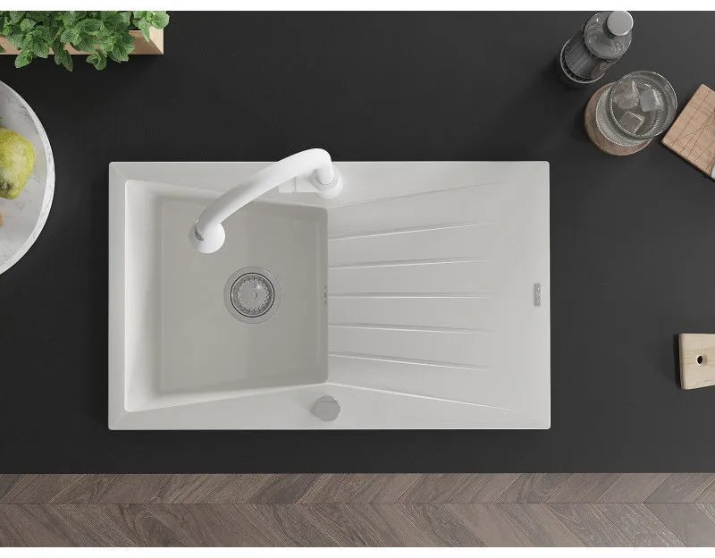 Mexen Cesar, 1-komorový granitový drez 775x470x190 mm a drezová batéria Elia, biela, 6514-20-670101-20