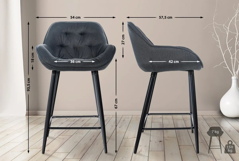 Barová stolička Gibson (SET 2 ks) ~ látka, kovové nohy čierne - Tmavo sivá