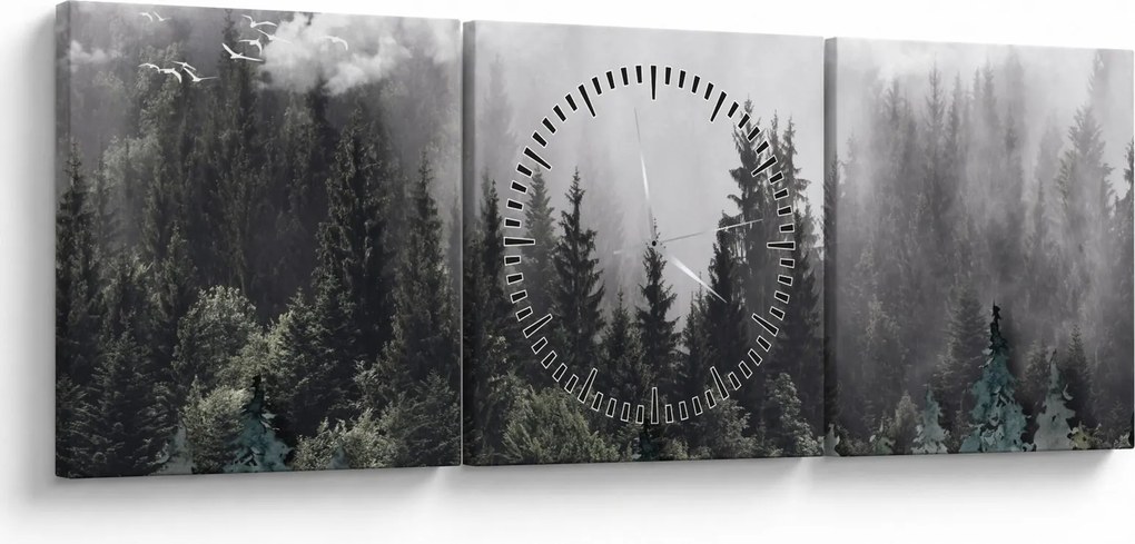 Obraz - Les s ilustrovanými prvkami (s hodinami) (90x30 cm)