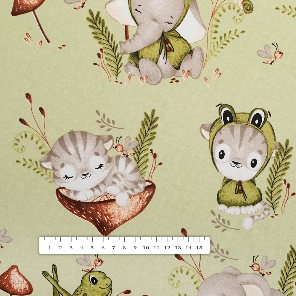 Biante Detský bavlnený behúň na stôl Sandra SA-474 Žabky a zvieratká medzi hubami na zelenom 20x140 cm