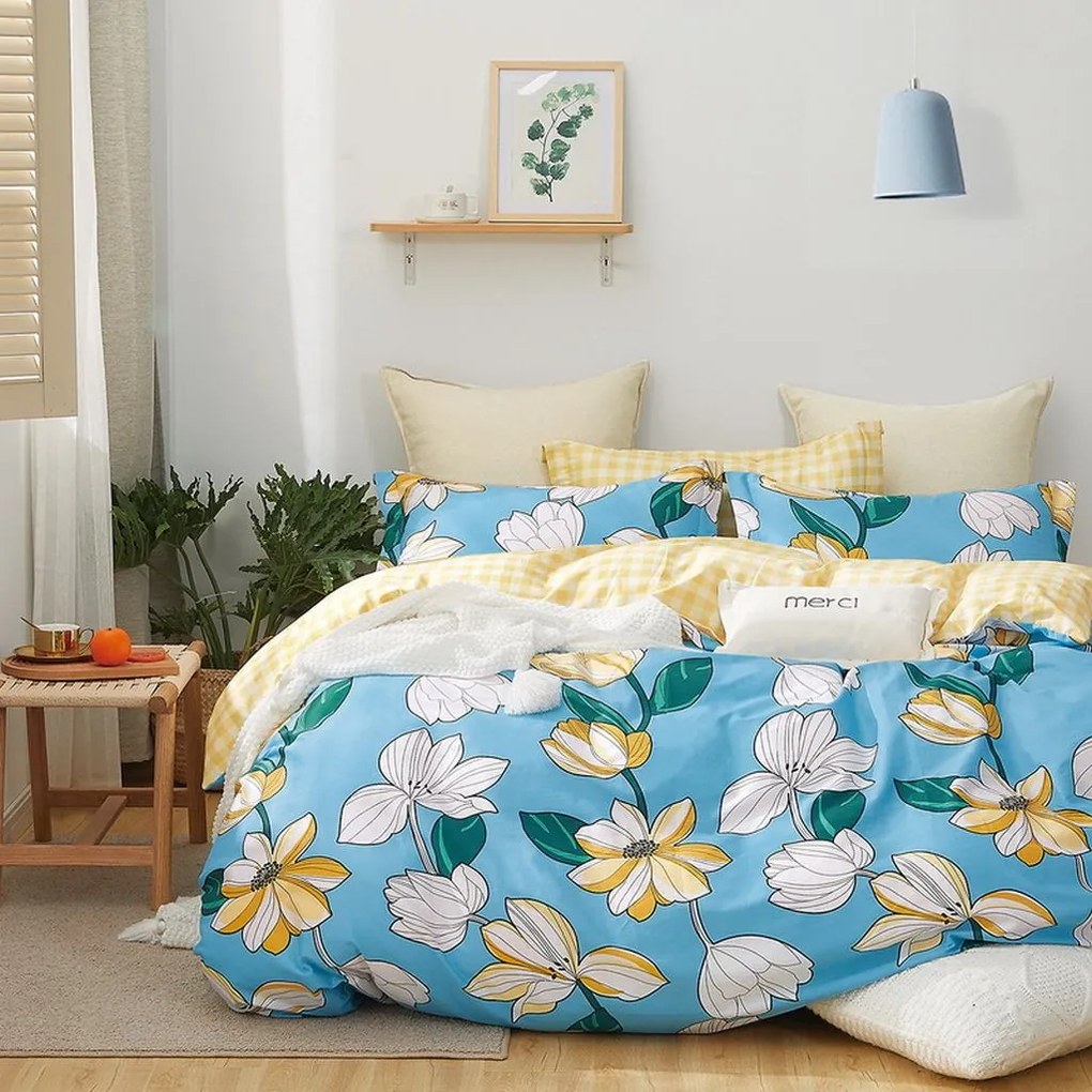 DomTextilu Krásne modré bavlnené posteľné obliečky s kvetmi 3 časti: 1ks 160 cmx200 + 2ks 70 cmx80 Modrá 70x80 cm 24549-146923