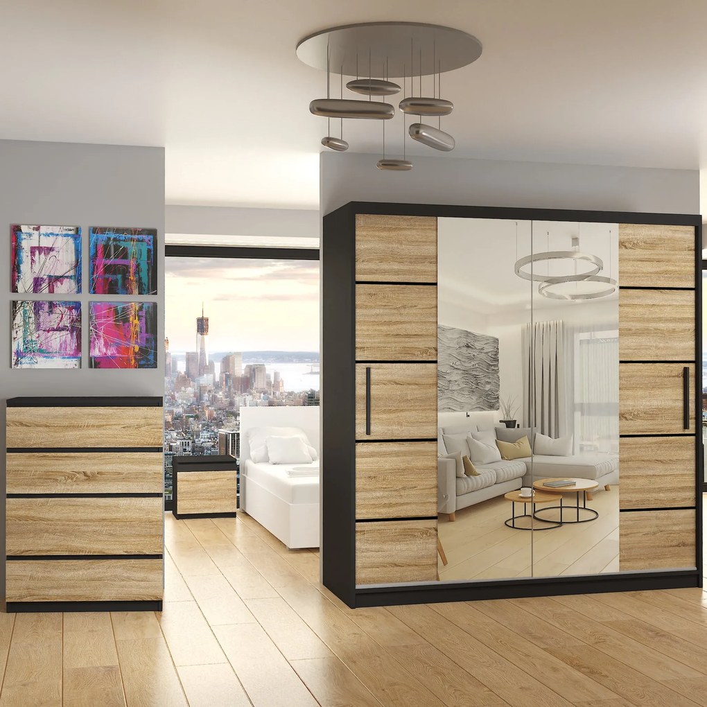 Šatníková skriňa 200 cm Belini čierny mat / dub sonoma s posuvnými dverami zrkadlom a zásuvkami  ME SZP5/1/B/DS/0/KLP