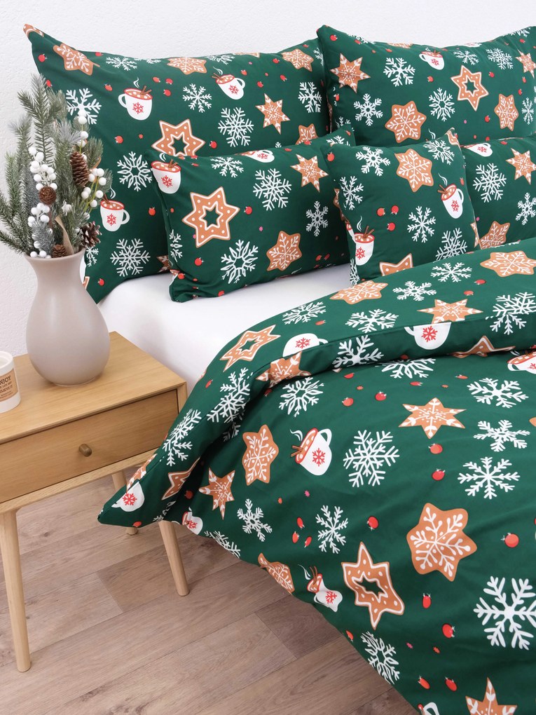 Vianočné predĺžené bavlnené obliečky Renforcé - Vianočný perníček zelené
