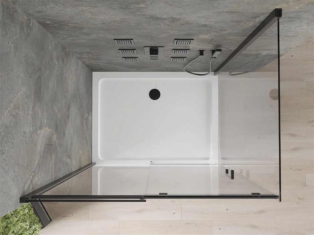 Mexen Omega, sprchovací kút s posuvnými dverami 120 (dvere) x 100 (stena) cm, 8mm číre sklo, čierny profil + slim sprchová vanička biela s čiernym sifónom, 825-120-100-70-00-4010B