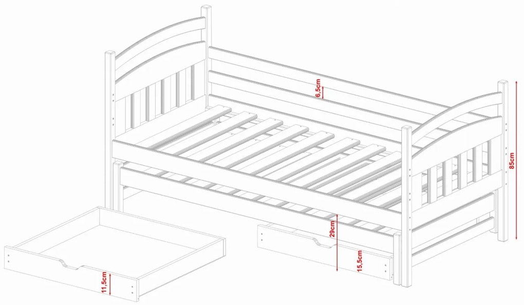 Detská posteľ z masívu borovice GABRIEL s prístelkou a šuplíky - 200x90 cm - biela