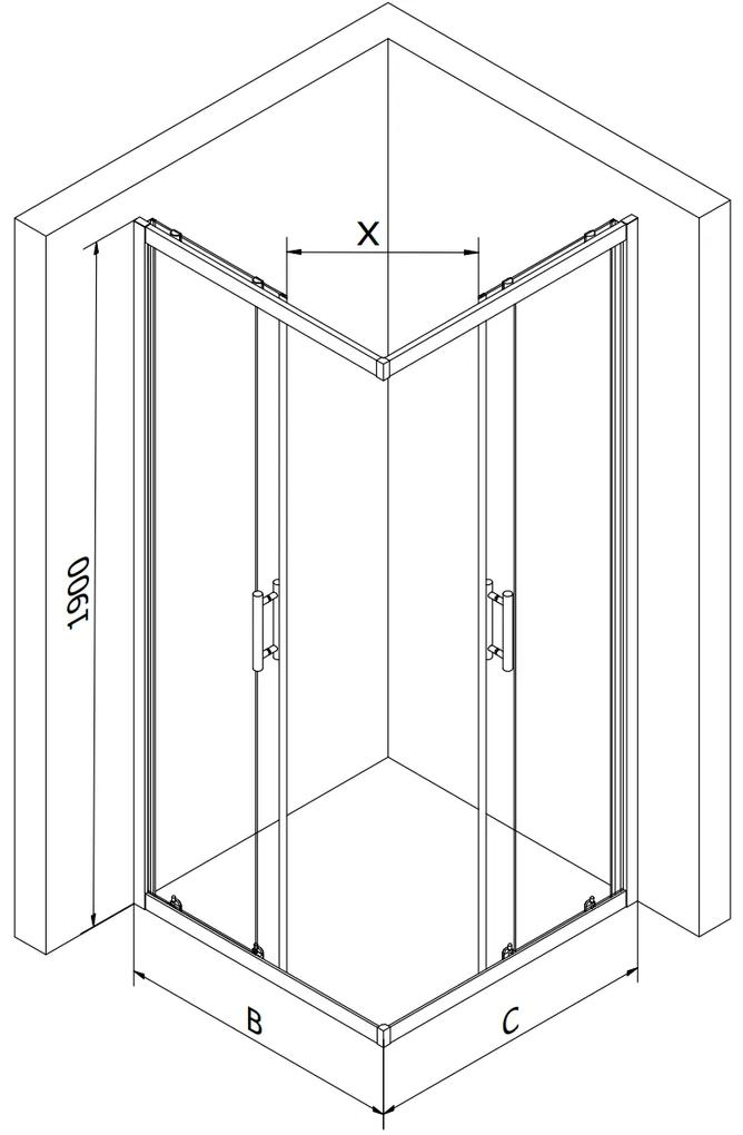 Mexen Rio, štvorcový sprchovací kút s posuvnými dverami 70 (dvere) x 70 (dvere) x 190 cm, 5mm sklo námraza, čierny profil + biela sprchová vanička RIO, 860-070-070-70-30-4510