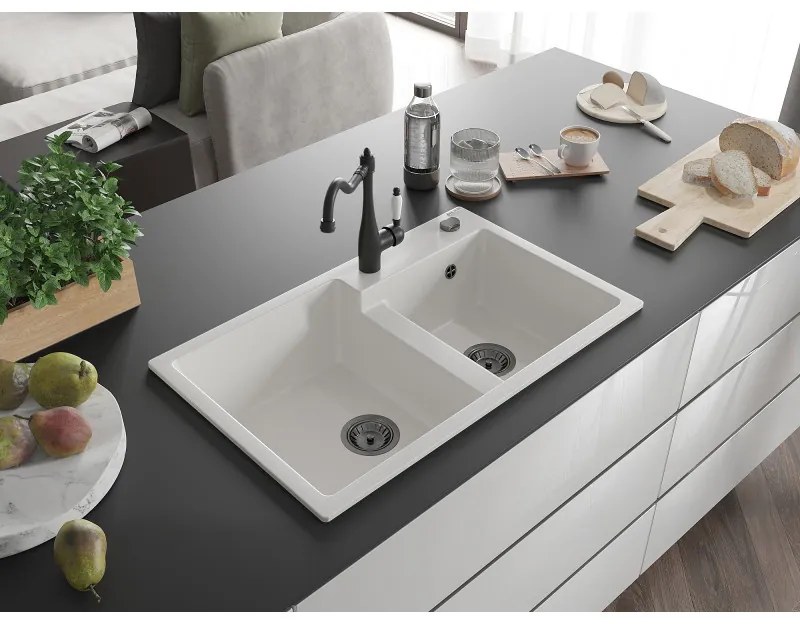 Mexen Tomas, granitový drez 800x500x190 mm, 2-komorový a drezová batéria Carla, biela, 6516-20-670700-70