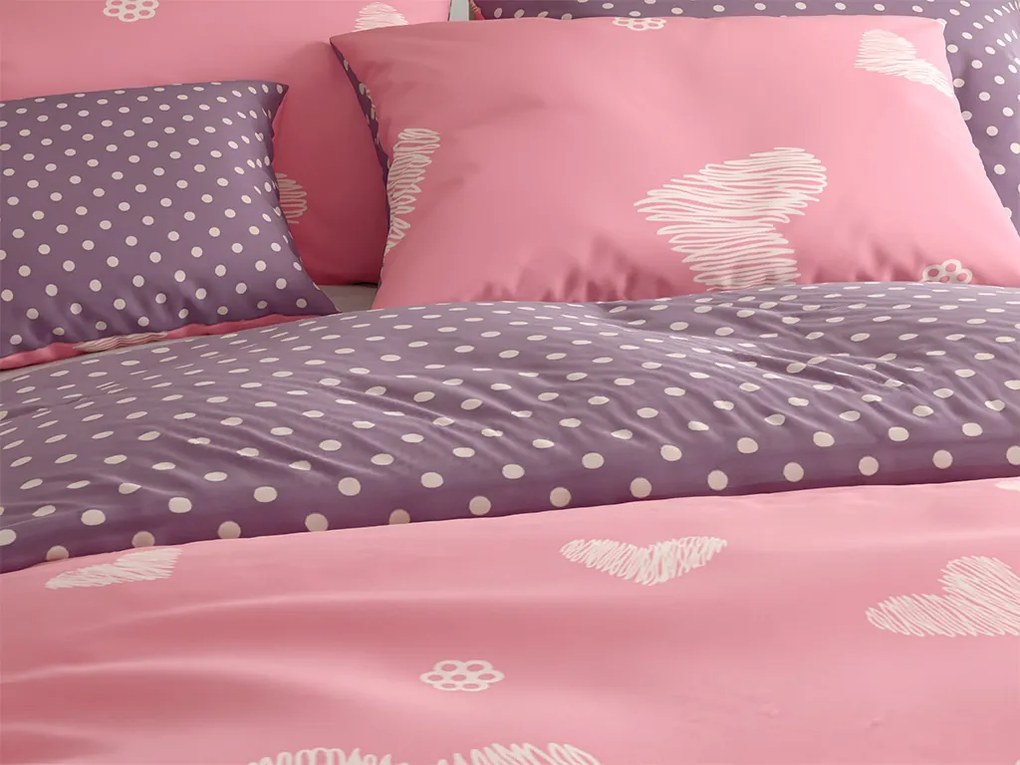 Bavlnené obojstranné obliečky SRDCE A BODKY ružové