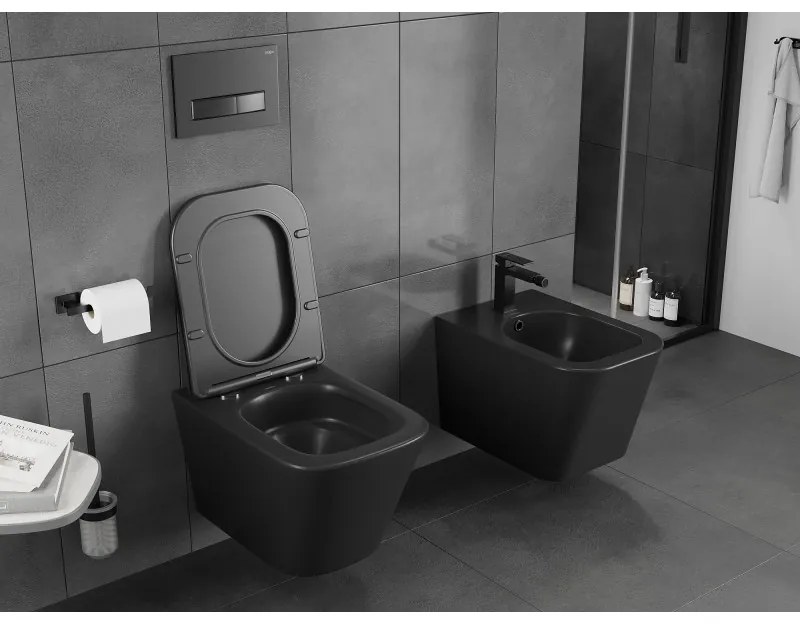 Mexen Teo, závesná WC misa 510x345x340 mm, Rimless Tornádo + WC sedadlo z duroplastu, čierna matná, 30850685T