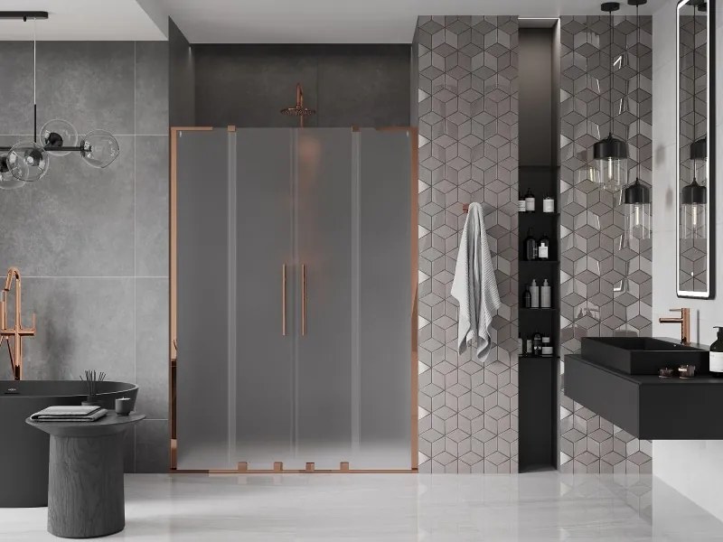 Mexen Velar L Duo, posuvné sprchové dvere do otvoru 150 cm, 8mm sklo námraza, ružové zlato, 871-150-003-32-60