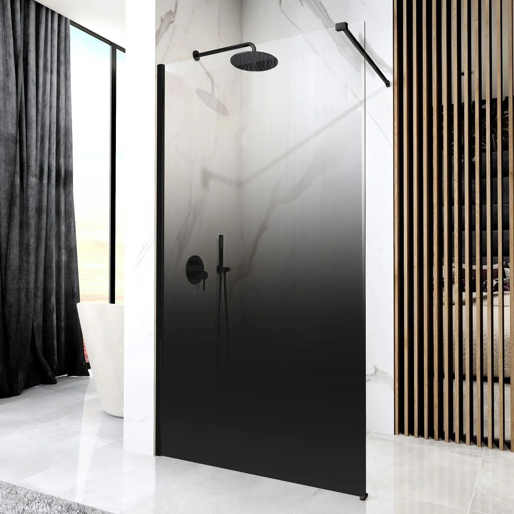 Rea Aero Ombre, sprchová zástena Walk-In 100x195 cm, 8mm číre sklo s čiernym vzorom, čierny matný profil, REA-K2460