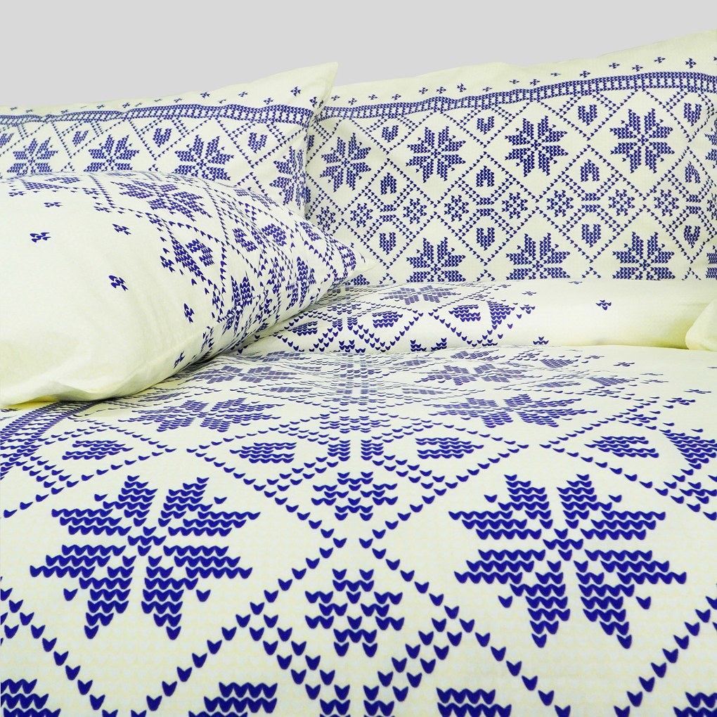 Obliečky bavlnené Etno krémovo-modré EMI: Predĺžený set jednolôžko obsahuje 1x 140x220 + 1x 70x90