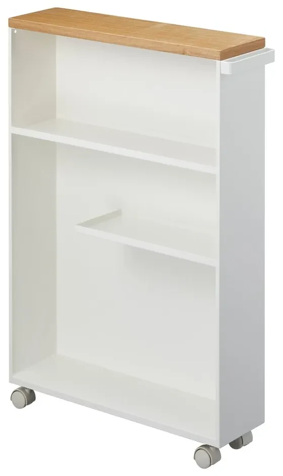 Biely pojazdný regál s doskou z bukového dreva Yamazaki Tower