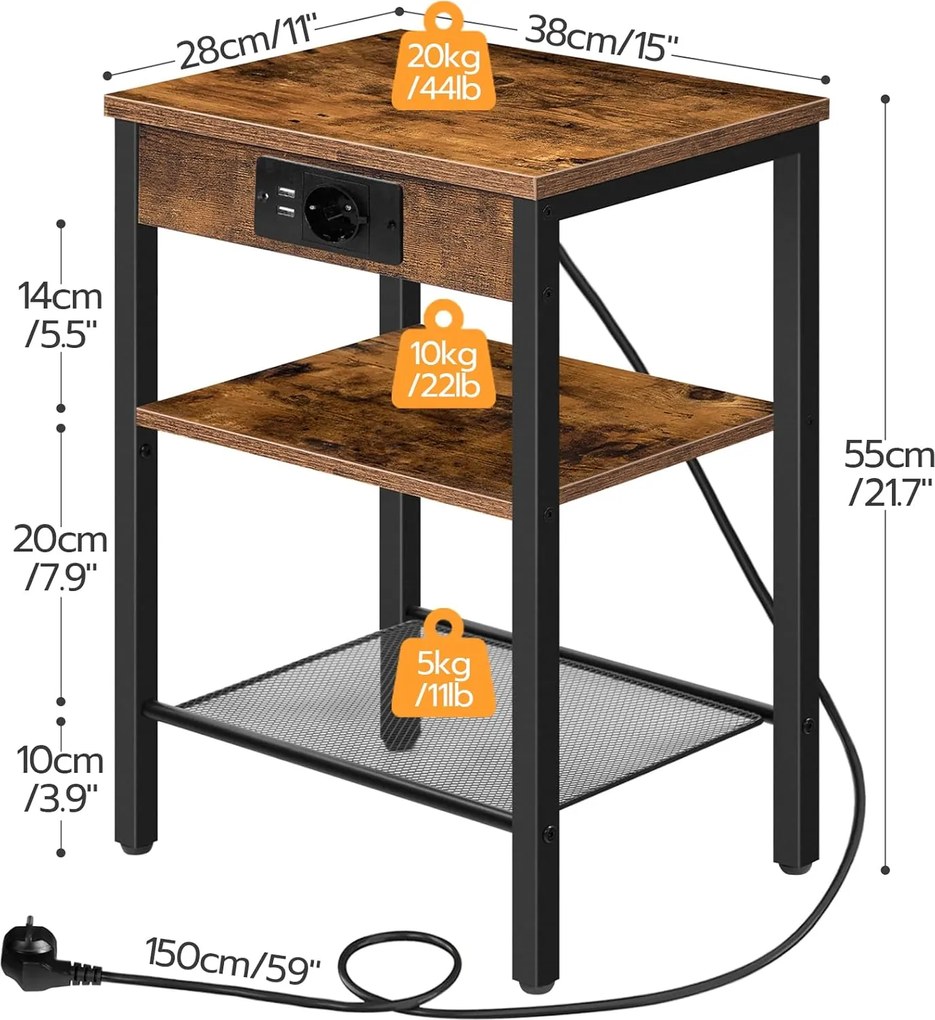 Noční stolek Vasagle Harby 38 cm s nabíjecí stanicí černý/hnědý