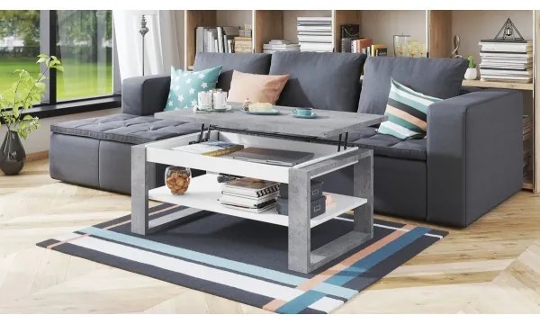 Konferenčný stôl so zdvíhacou doskou a poličkou NEA šedá betón/biela