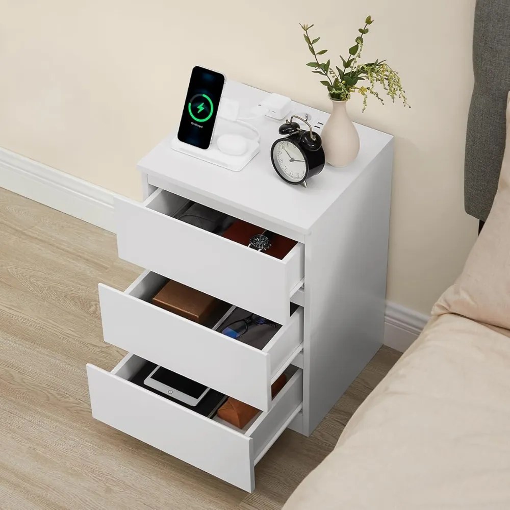 Nočný stolík s funkciou nabíjania ZION, 35x40x59cm, biela Vasagle