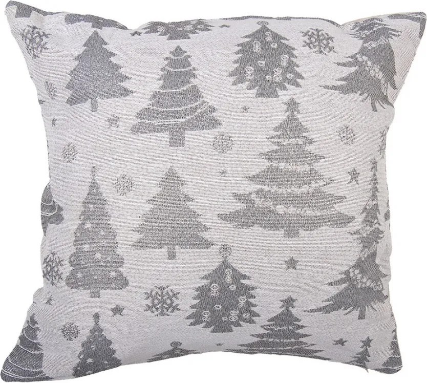Bielo-strieborný dekoračný vankúš s vianočnými stromčekmi - 44*44*4 cm